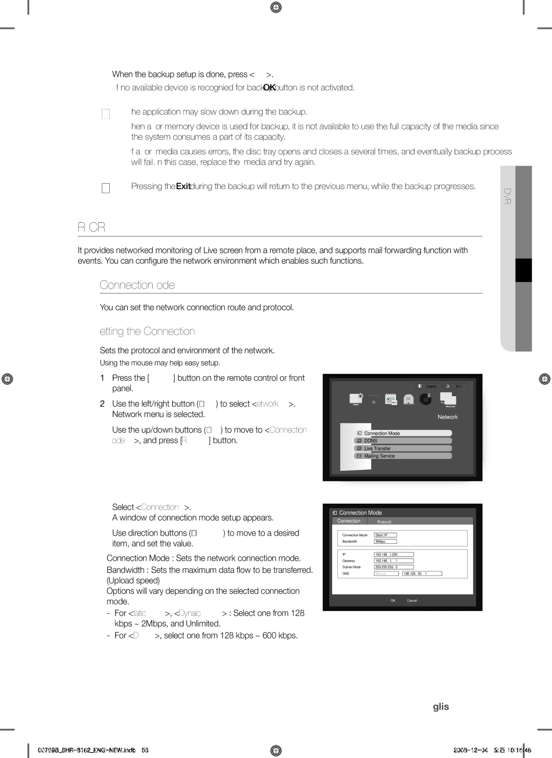 Samsung SHR-8082, SHR-7082, SHR-7080, SHR-7160, SHR-8162 NetworK conFiguration, Connection mode, Setting the connection 