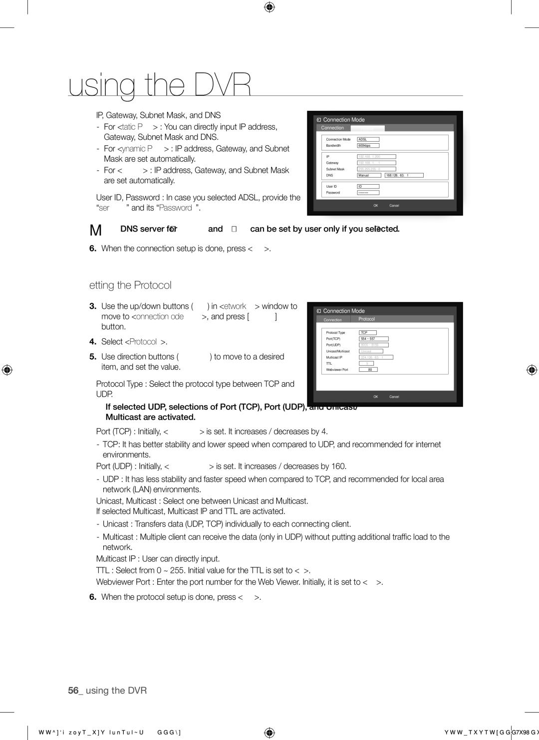 Samsung SHR-7082, SHR-7080, SHR-7160, SHR-8162, SHR-8160, SHR-7162, SHR-8080, SHR-8082 user manual Setting the protocol, Protocol 