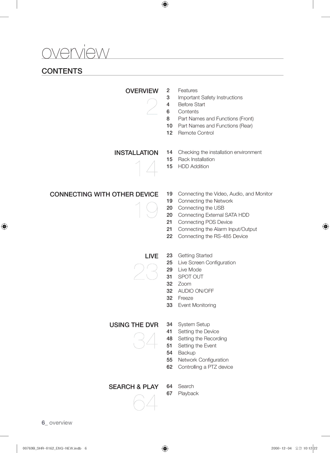 Samsung SHR-8080, SHR-7082, SHR-7080, SHR-7160, SHR-8162, SHR-8160, SHR-7162, SHR-8082 user manual Contents 