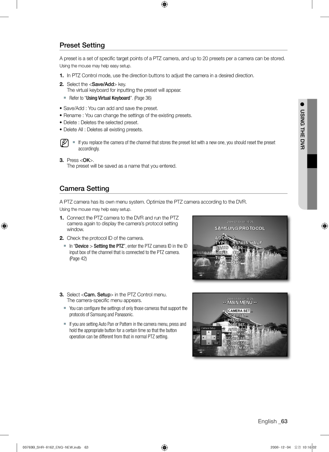 Samsung SHR-8082 Preset setting, Camera setting, Accordingly, . Press oK Preset will be saved as a name that you entered 