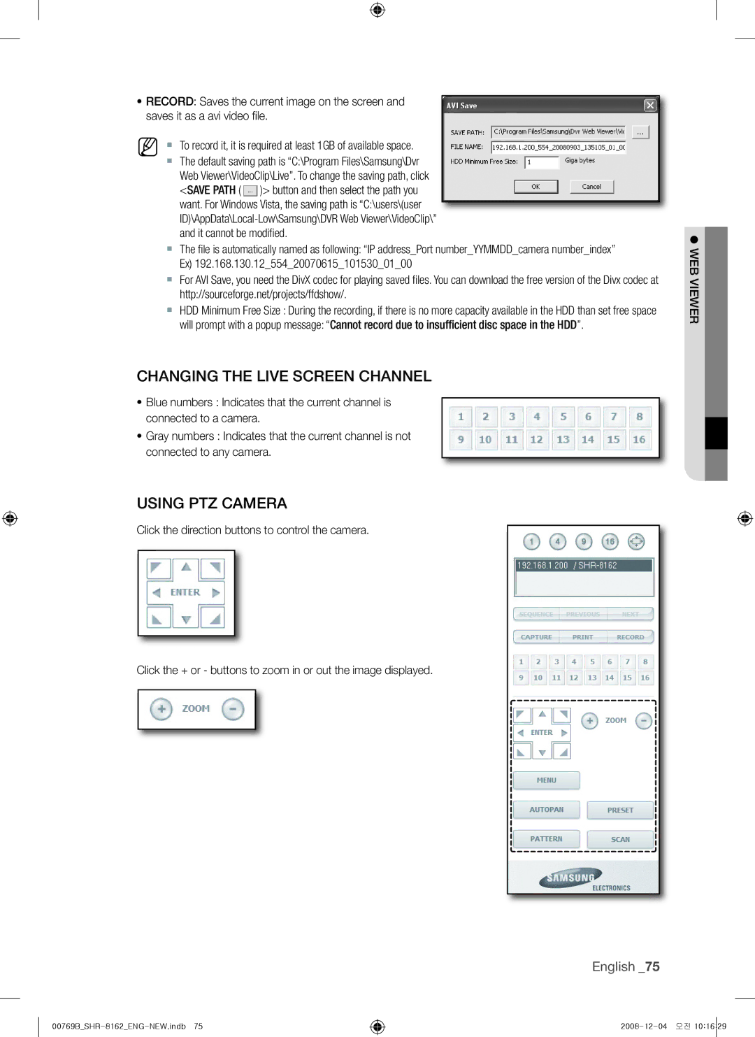 Samsung SHR-8162, SHR-7082, SHR-7080, SHR-7160, SHR-8160, SHR-7162, SHR-8080 Changing the Live screen channeL, Using ptZ camera 