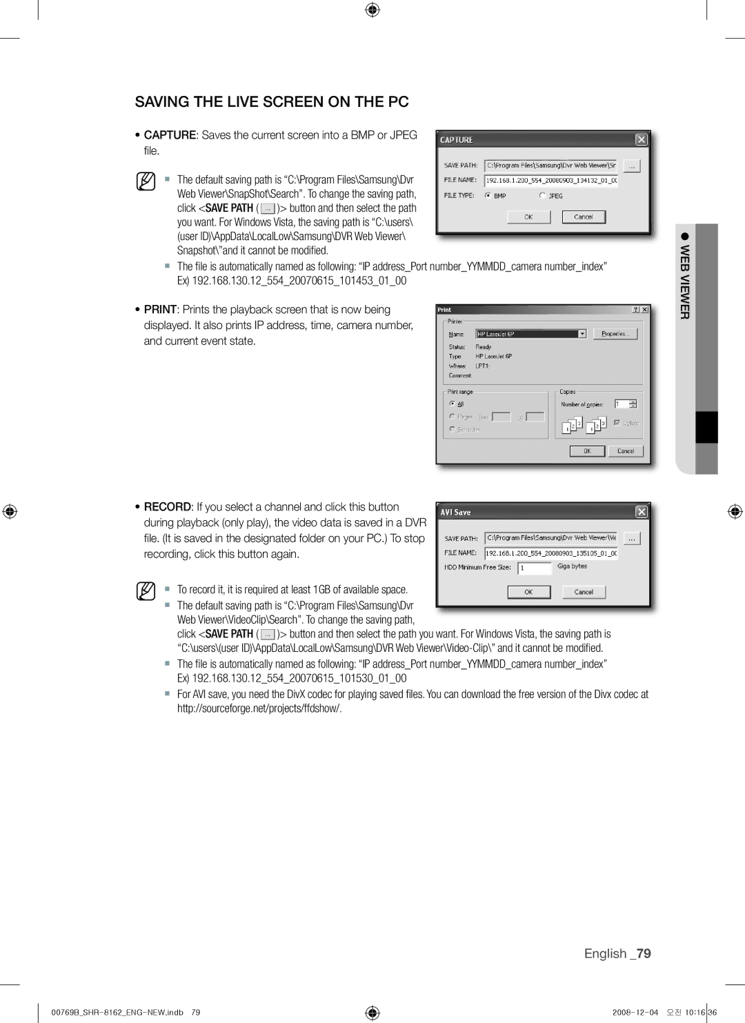 Samsung SHR-8082, SHR-7082 Saving the Live screen on the pc, Web Viewer\VideoClip\Search. To change the saving path 