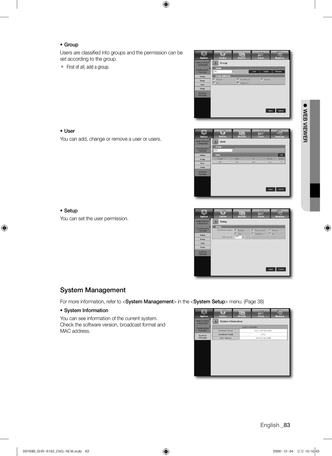 Samsung SHR-8162, SHR-7082, SHR-7080, SHR-7160, SHR-8160, SHR-7162, SHR-8080, SHR-8082 user manual System management 