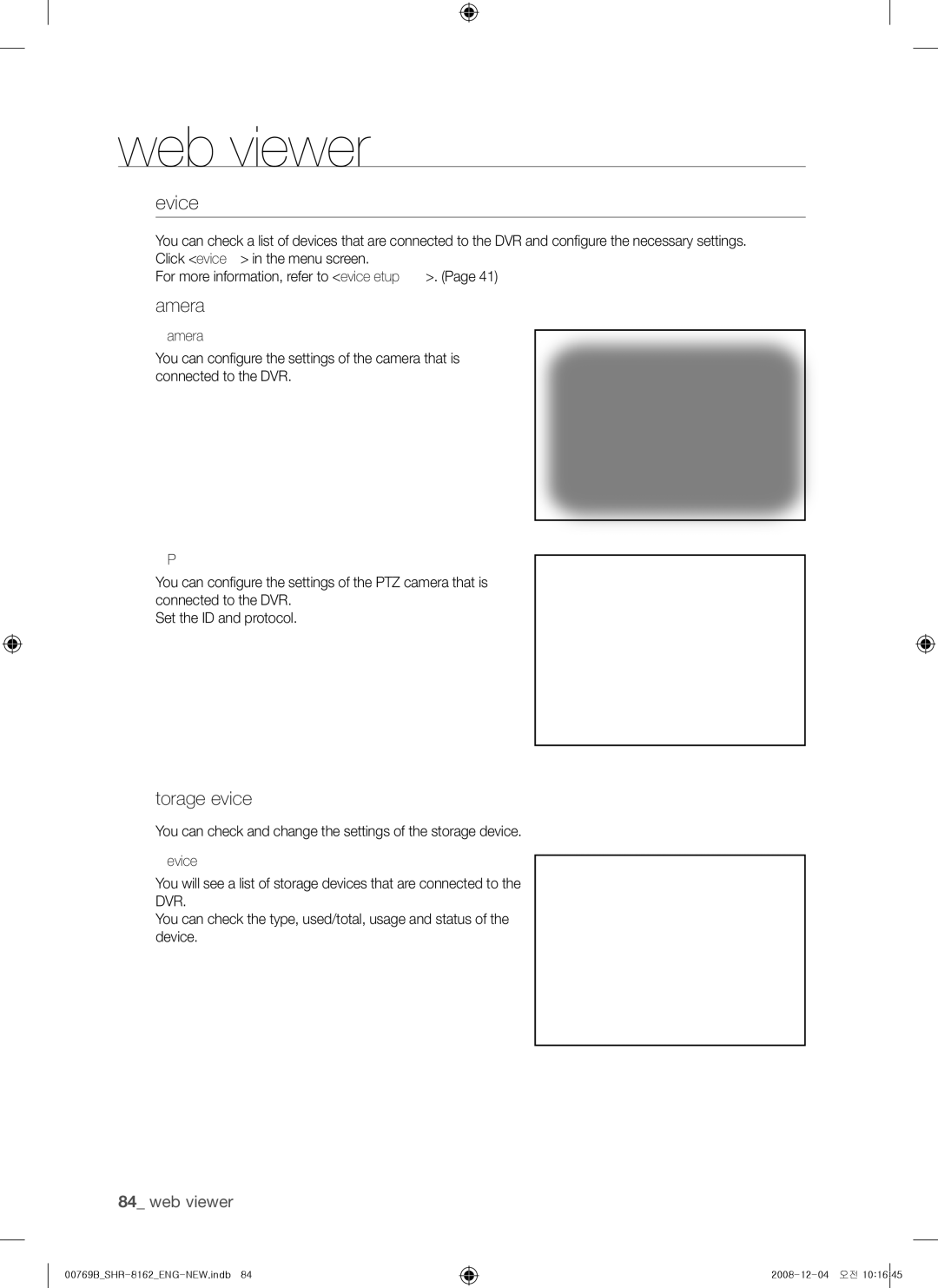 Samsung SHR-8160, SHR-7082, SHR-7080, SHR-7160, SHR-8162, SHR-7162, SHR-8080, SHR-8082 user manual Device, Camera, Storage device 