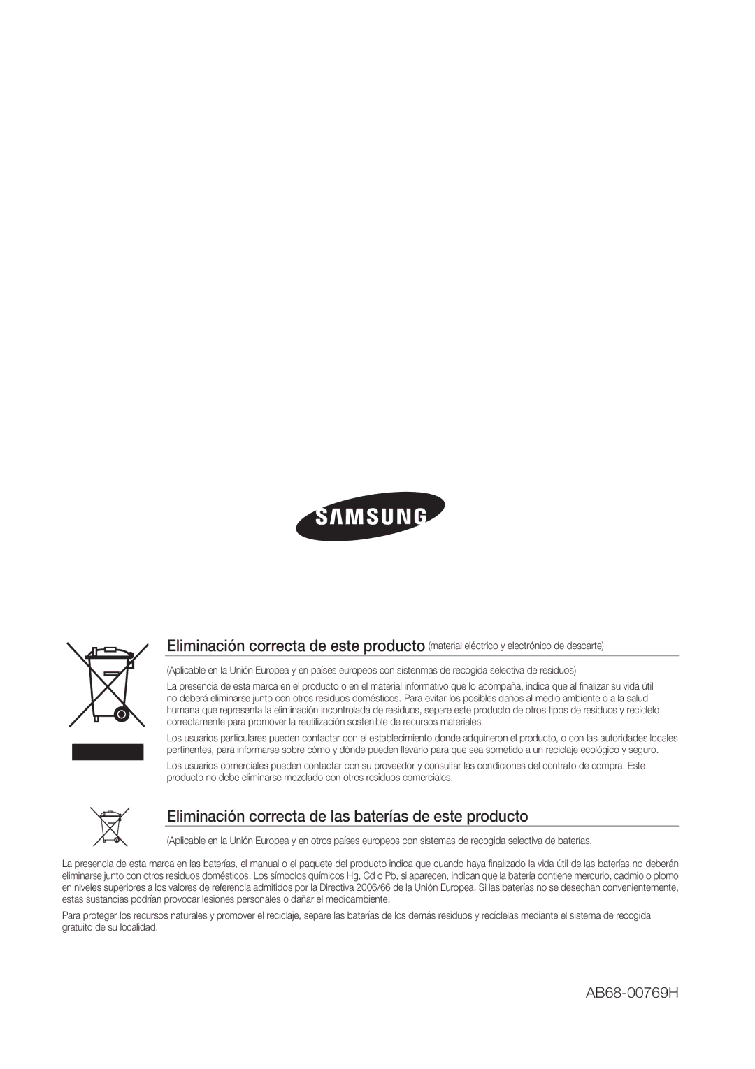 Samsung SHR-7162P, SHR-8082P, SHR-8162P, SHR-7082P, SHR-7080P, SHR-8080P Eliminación correcta de las baterías de este producto 