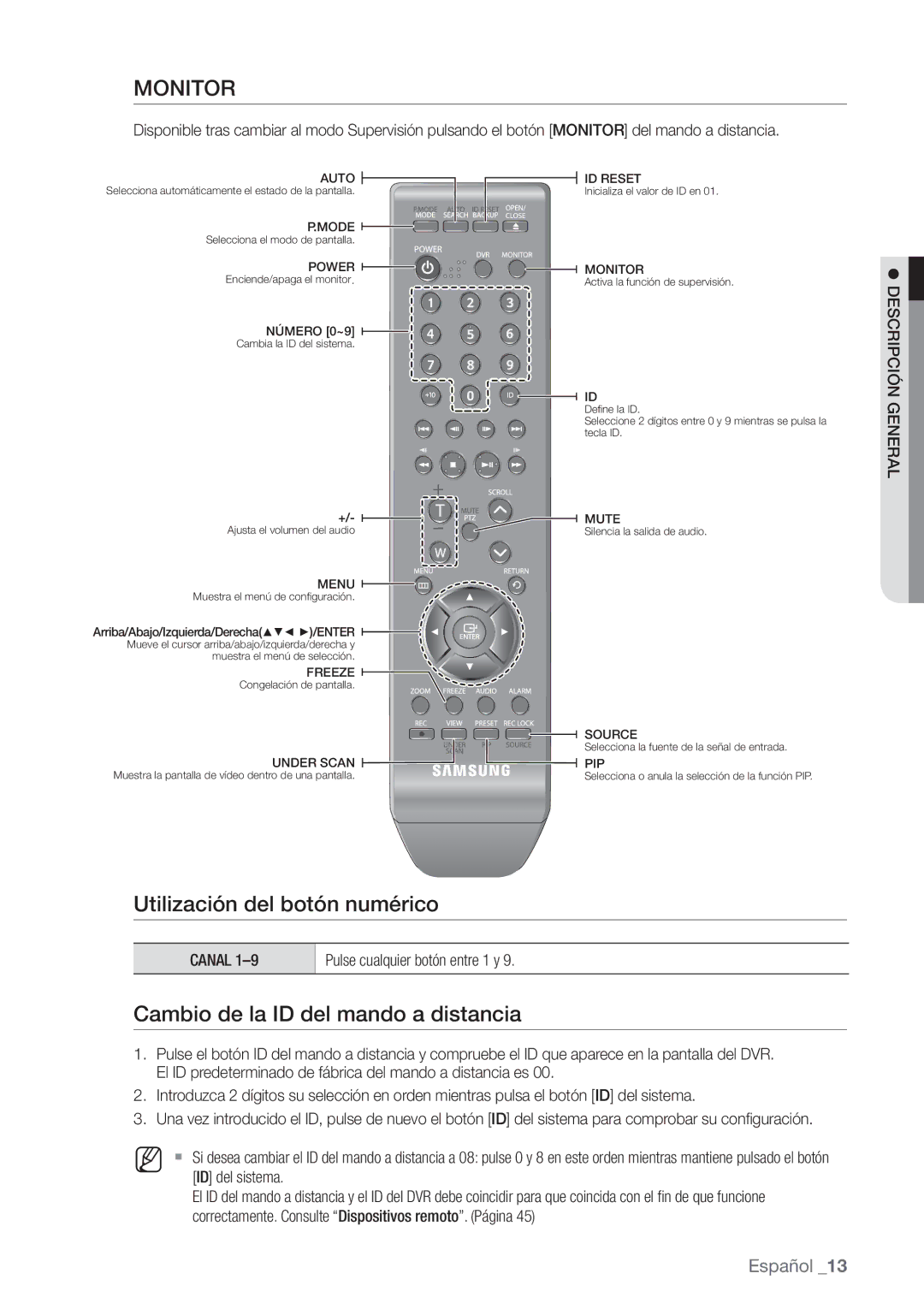 Samsung SHR-8082P, SHR-7162P manual Monitor, Cambio de la ID del mando a distancia, Canal Pulse cualquier botón entre 1 y 