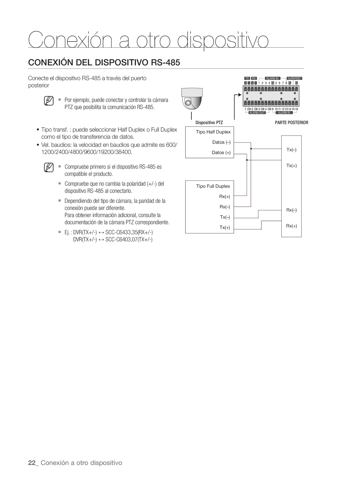 Samsung SHR-7080P, SHR-7162P Conexión DEL Dispositivo RS-485, Conecte el dispositivo RS-485 a través del puerto posterior 