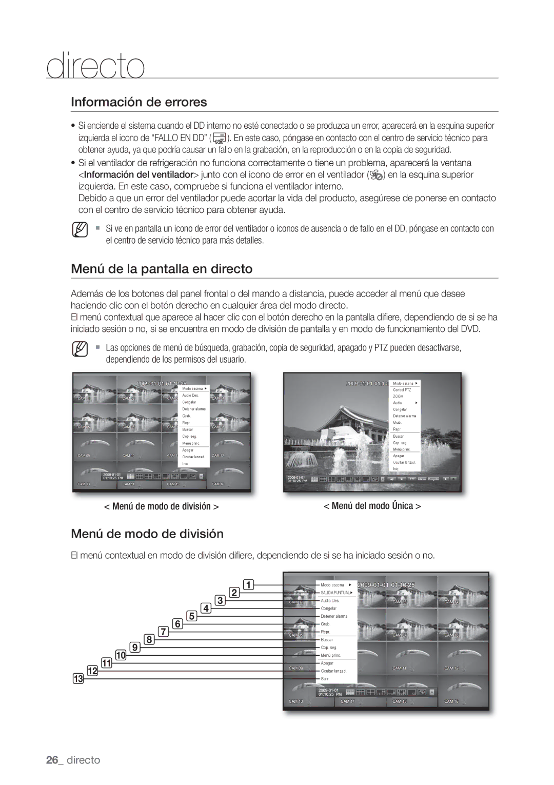 Samsung SHR-8162P, SHR-7162P, SHR-8082P Información de errores, Menú de la pantalla en directo, Menú de modo de división 