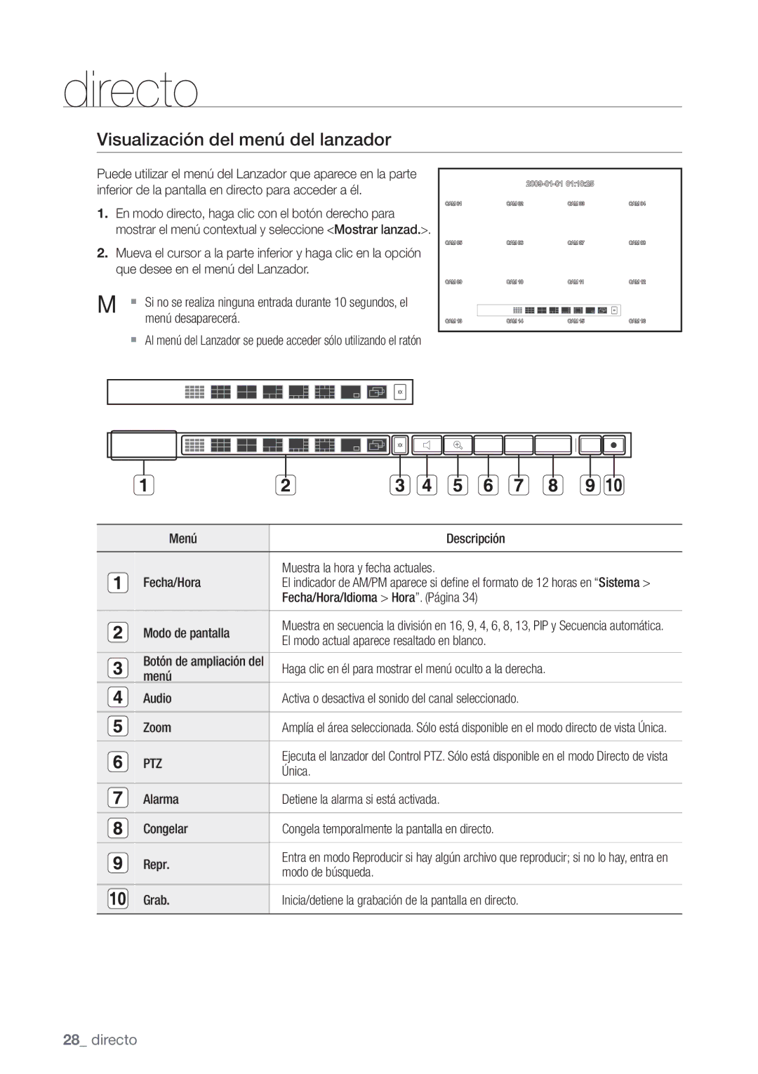 Samsung SHR-7080P, SHR-7162P, SHR-8082P, SHR-8162P, SHR-7082P, SHR-8080P manual Visualización del menú del lanzador, Ptz 