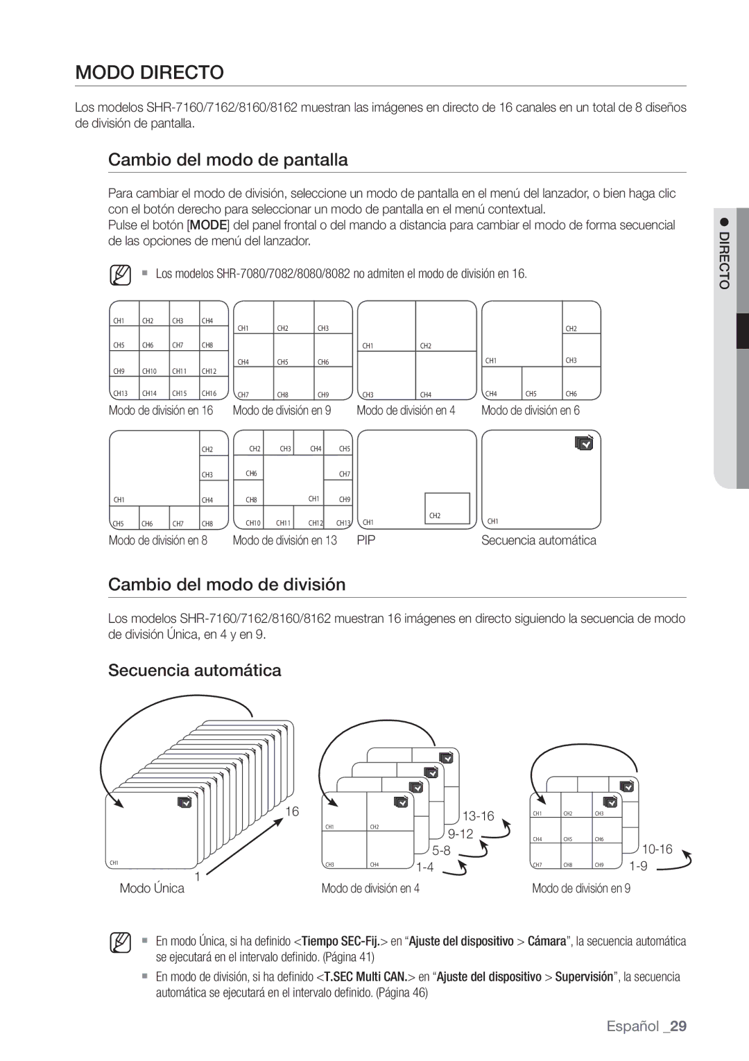 Samsung SHR-8080P manual Modo Directo, Cambio del modo de pantalla, Cambio del modo de división, Secuencia automática, Pip 