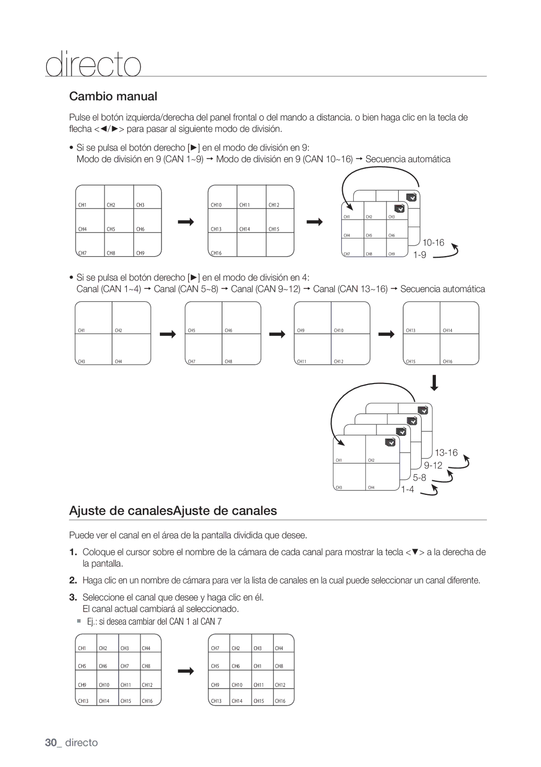 Samsung SHR-7162P, SHR-8082P, SHR-8162P Ajuste de canalesAjuste de canales, Cambio manual, Canal can 9~12 Canal can 13~16 