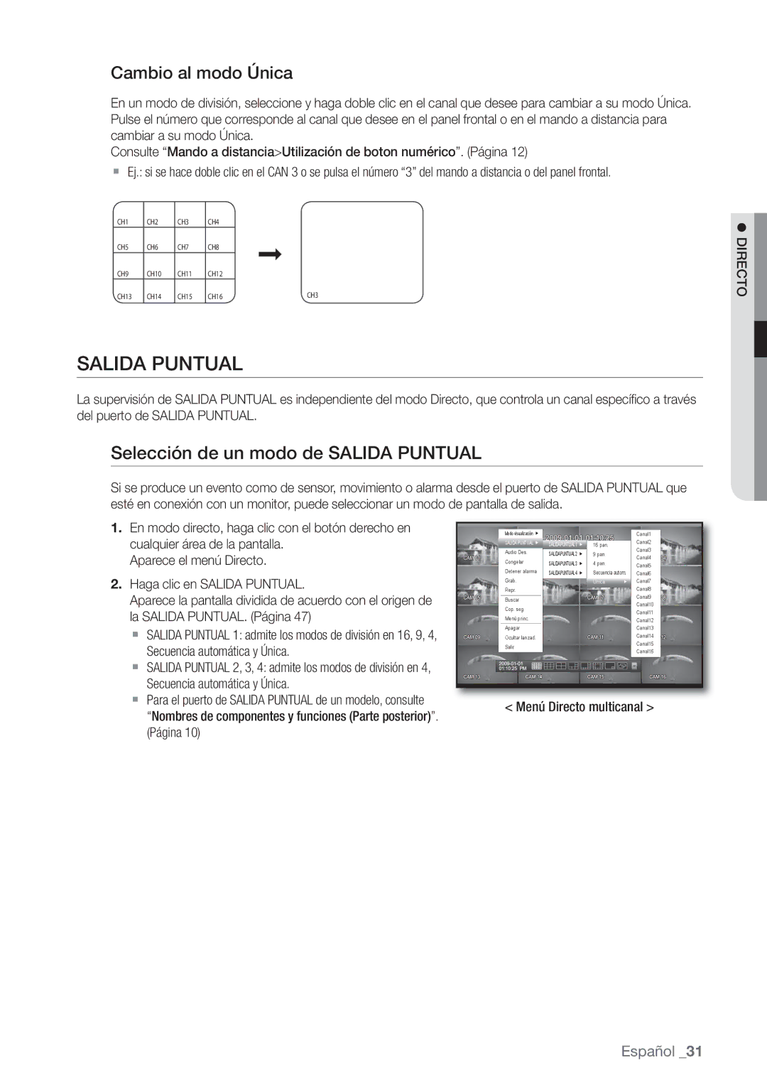 Samsung SHR-8082P, SHR-7162P Selección de un modo de Salida Puntual, Cambio al modo Única, Menú Directo multicanal 