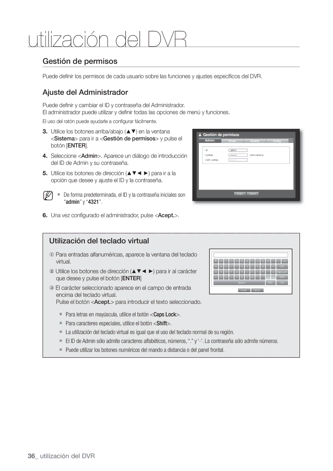 Samsung SHR-7162P, SHR-8082P, SHR-8162P manual Gestión de permisos, Ajuste del Administrador, Utilización del teclado virtual 