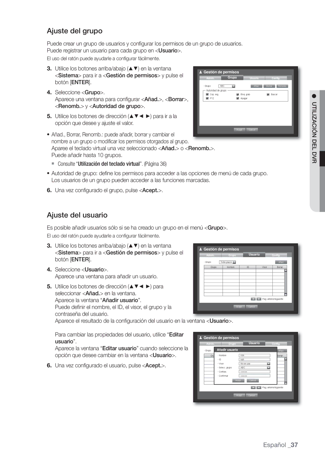 Samsung SHR-8082P, SHR-7162P, SHR-8162P, SHR-7082P, SHR-7080P, SHR-8080P Ajuste del grupo, Ajuste del usuario, Utilización 