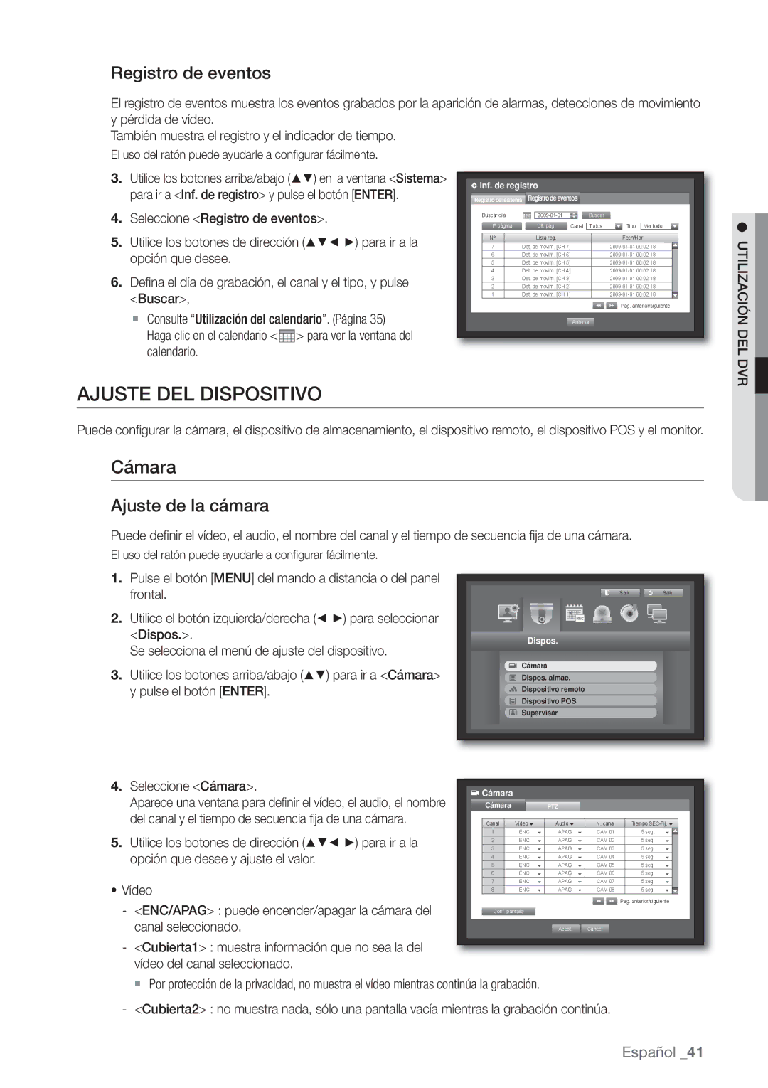 Samsung SHR-8080P, SHR-7162P, SHR-8082P, SHR-8162P Ajuste DEL Dispositivo, Cámara, Registro de eventos, Ajuste de la cámara 