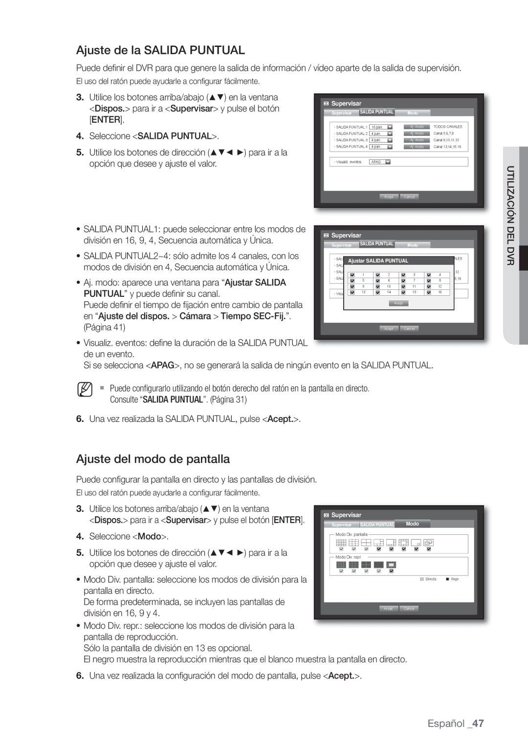 Samsung SHR-8080P manual Ajuste de la Salida Puntual, Ajuste del modo de pantalla, Seleccione Modo, Pantalla en directo 