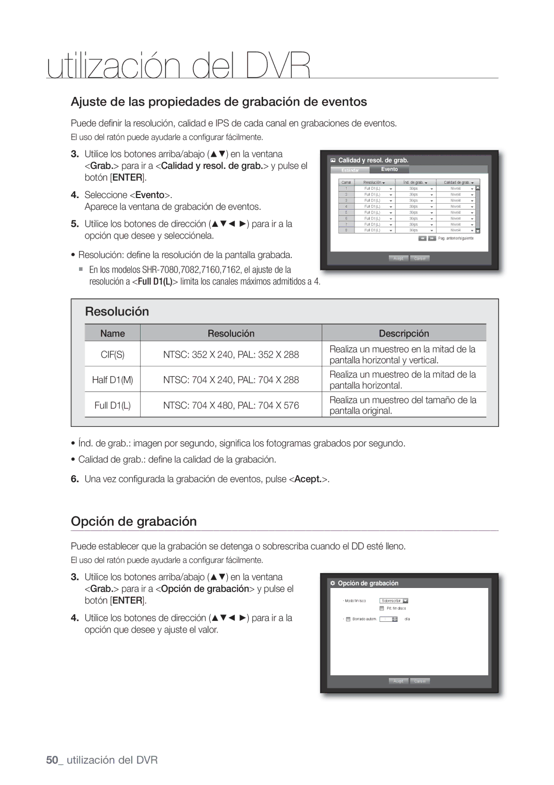 Samsung SHR-8162P, SHR-7162P, SHR-8082P Opción de grabación, Ajuste de las propiedades de grabación de eventos, Resolución 