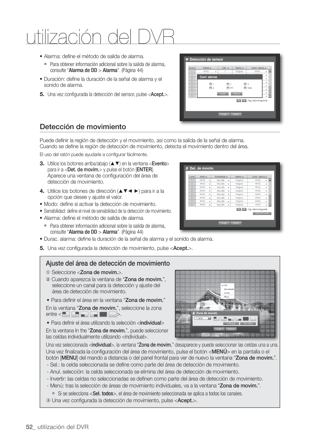 Samsung SHR-7080P, SHR-7162P, SHR-8082P, SHR-8162P manual Detección de movimiento, Ajuste del área de detección de movimiento 