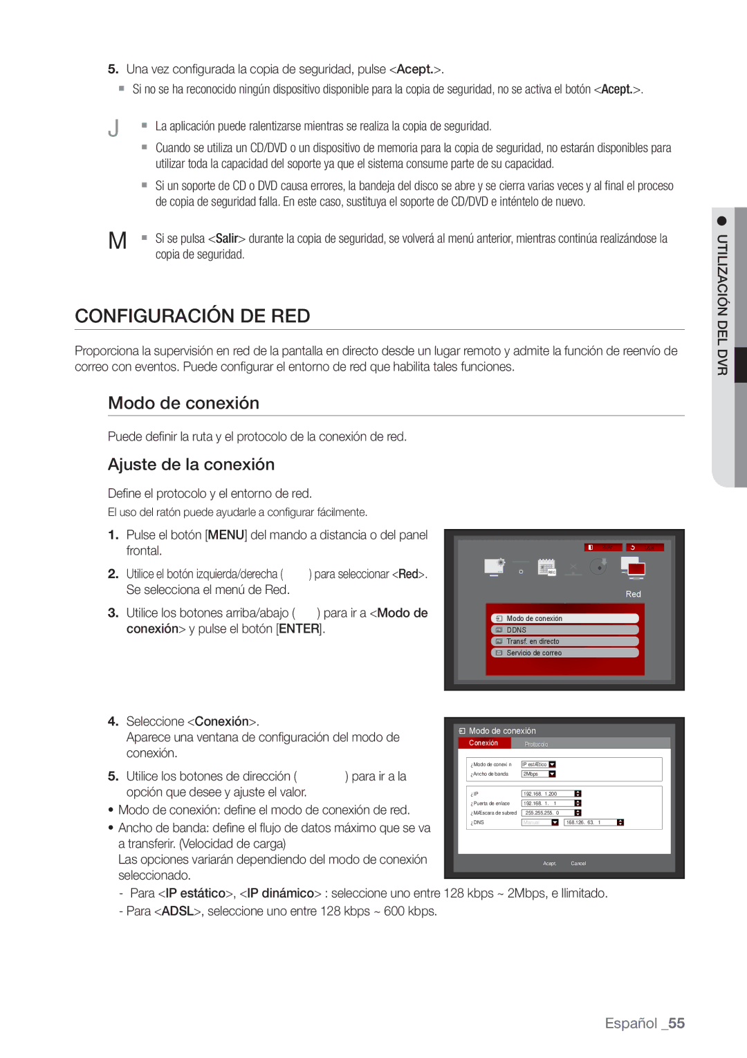 Samsung SHR-8082P, SHR-7162P, SHR-8162P, SHR-7082P, SHR-7080P Configuración DE RED, Modo de conexión, Ajuste de la conexión 