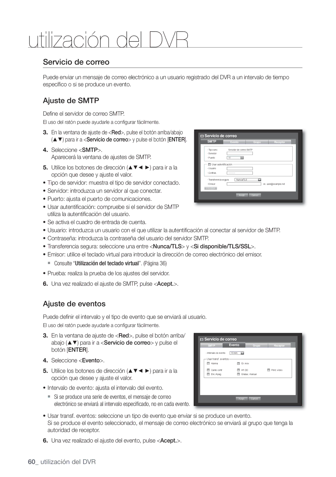 Samsung SHR-7162P, SHR-8082P manual Servicio de correo, Ajuste de Smtp, Ajuste de eventos, Deﬁ ne el servidor de correo Smtp 