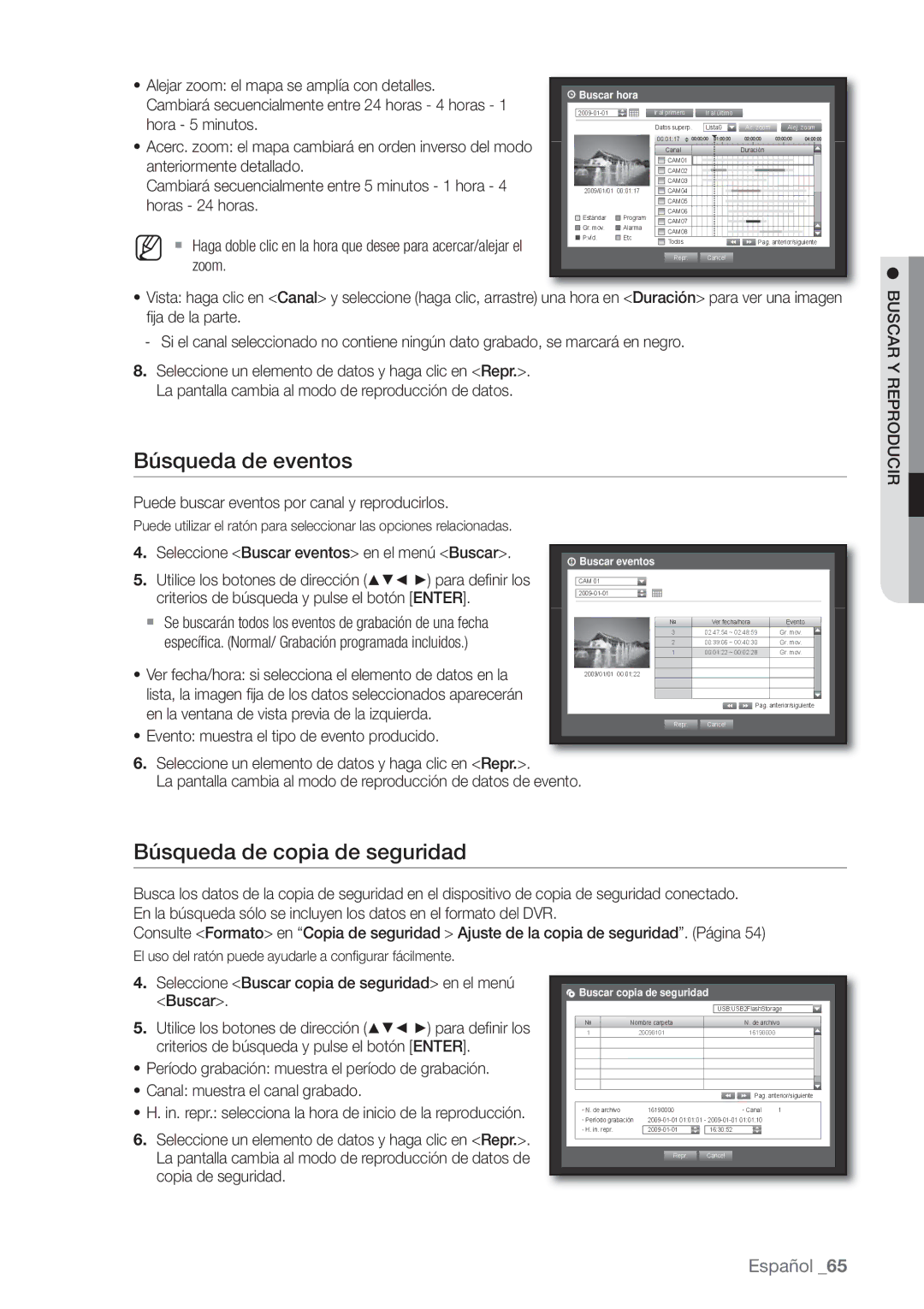 Samsung SHR-8080P, SHR-7162P, SHR-8082P, SHR-8162P Búsqueda de eventos, Búsqueda de copia de seguridad, Buscar Y Reproducir 