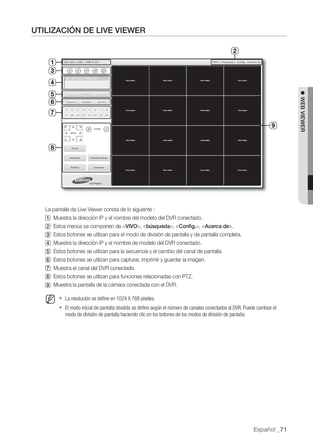 Samsung SHR-8080P, SHR-7162P, SHR-8082P, SHR-8162P, SHR-7082P, SHR-7080P manual Utilización DE Live Viewer 