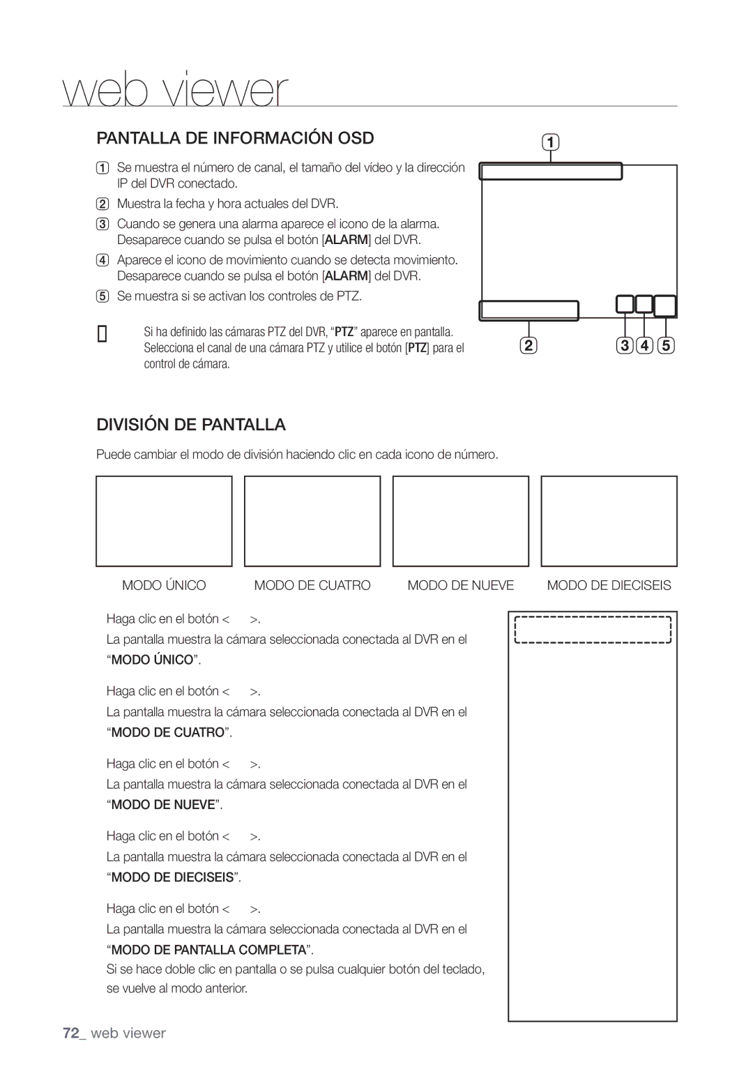 Samsung SHR-7162P, SHR-8082P Pantalla DE Información OSD, División DE Pantalla, Modo Único Modo DE Cuatro Modo DE Nueve 