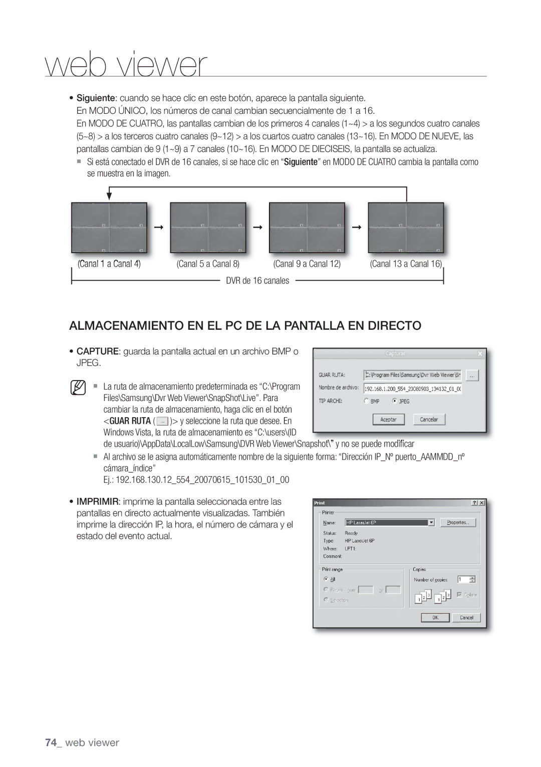 Samsung SHR-8162P, SHR-7162P, SHR-8082P, SHR-7082P manual Almacenamiento EN EL PC DE LA Pantalla EN Directo, DVR de 16 canales 