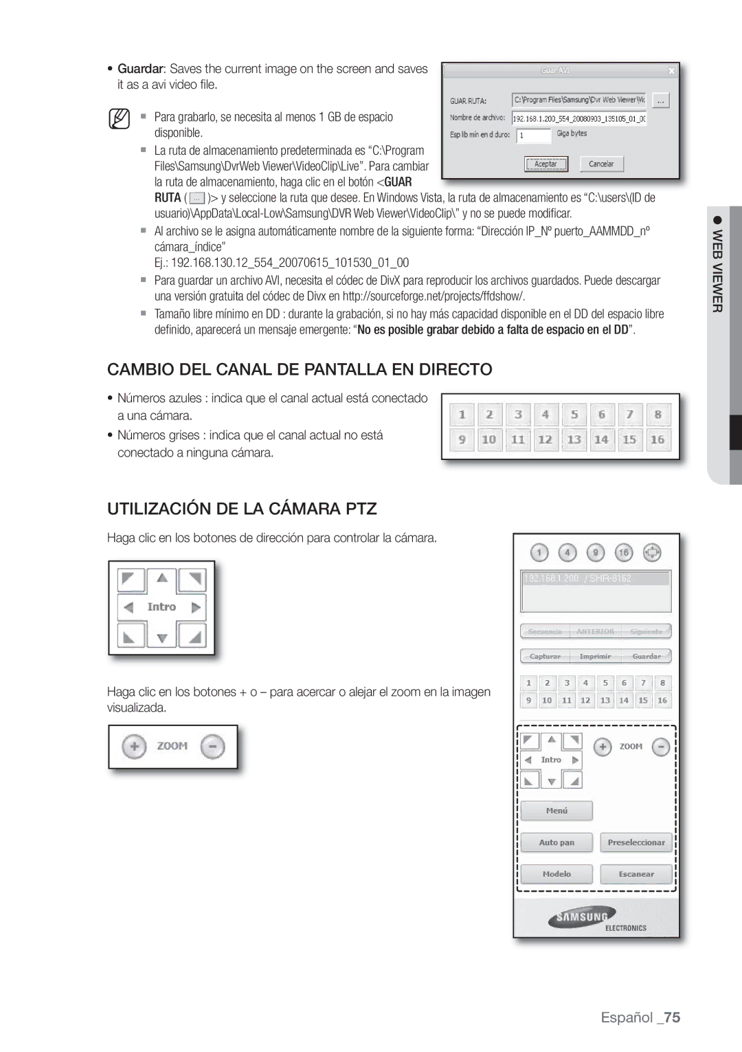 Samsung SHR-7082P, SHR-7162P, SHR-8082P, SHR-8162P Cambio DEL Canal DE Pantalla EN Directo, Utilización DE LA Cámara PTZ 