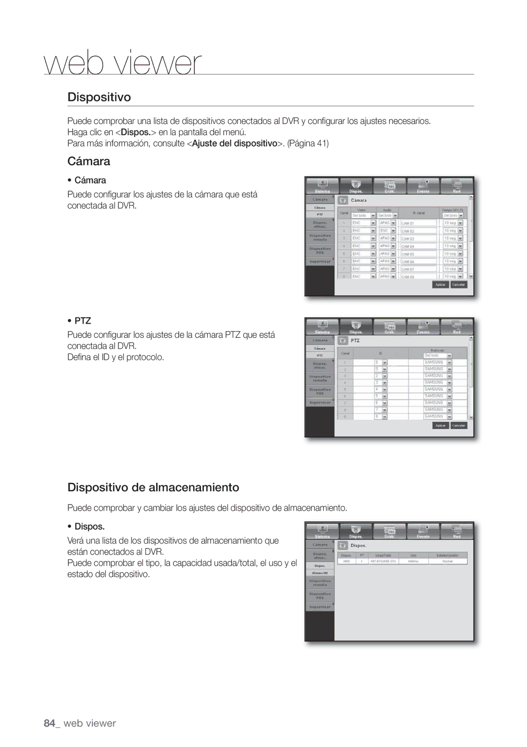 Samsung SHR-7162P, SHR-8082P, SHR-8162P, SHR-7082P, SHR-7080P, SHR-8080P manual Cámara, Dispositivo de almacenamiento 