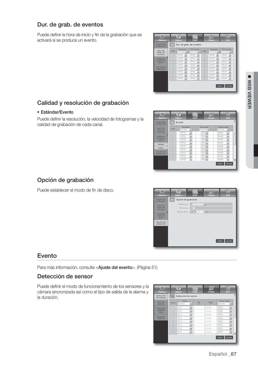 Samsung SHR-7082P, SHR-7162P manual Evento, Dur. de grab. de eventos, Calidad y resolución de grabación, Opción de grabación 