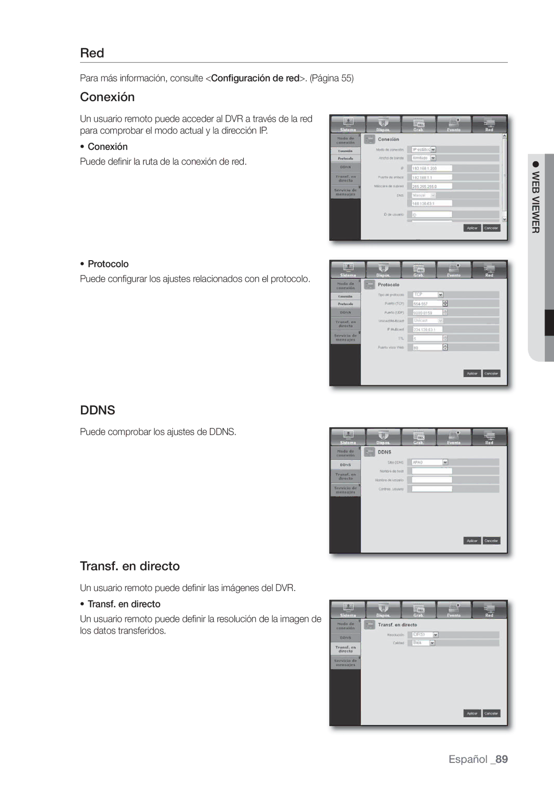 Samsung SHR-8080P, SHR-7162P, SHR-8082P, SHR-8162P, SHR-7082P, SHR-7080P manual Red, Conexión, Ddns, Transf. en directo 