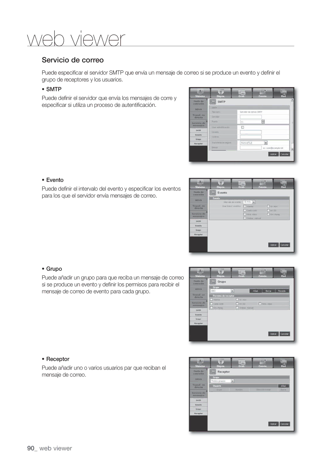 Samsung SHR-7162P, SHR-8082P, SHR-8162P, SHR-7082P, SHR-7080P, SHR-8080P manual Servicio de correo, Smtp, Evento, Grupo 