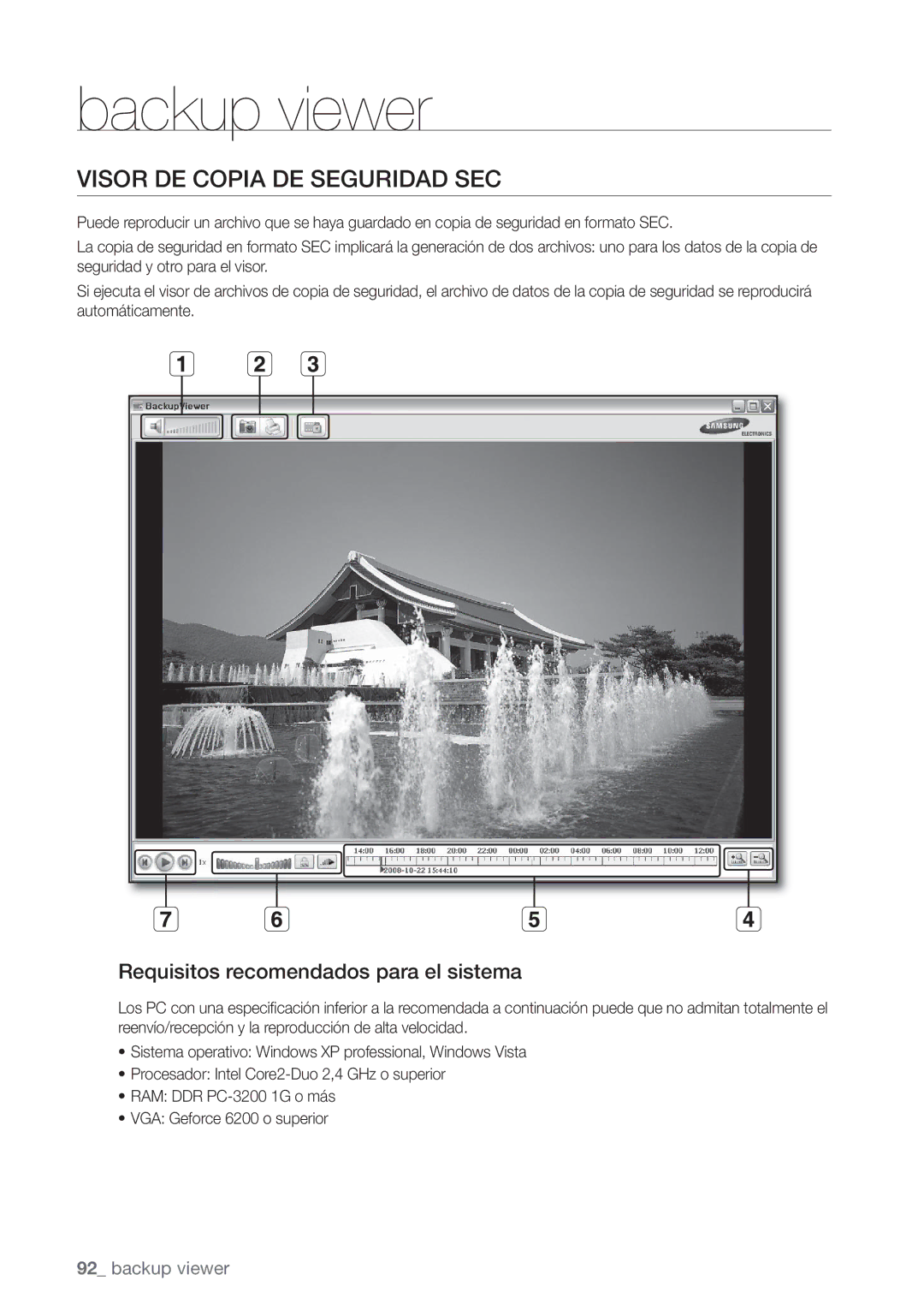 Samsung SHR-8162P, SHR-7162P manual Visor DE Copia DE Seguridad SEC, Requisitos recomendados para el sistema, Backup viewer 