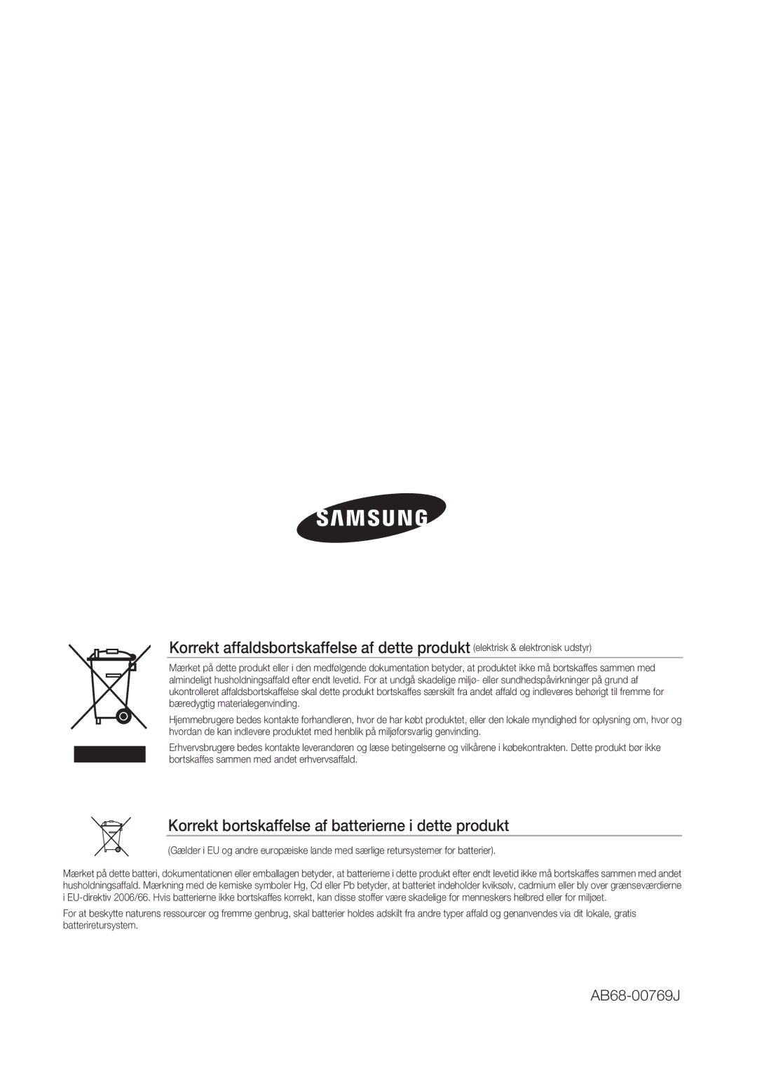 Samsung SHR-7162P, SHR-8082P, SHR-8162P, SHR-7082P manual Korrekt bortskaffelse af batterierne i dette produkt 