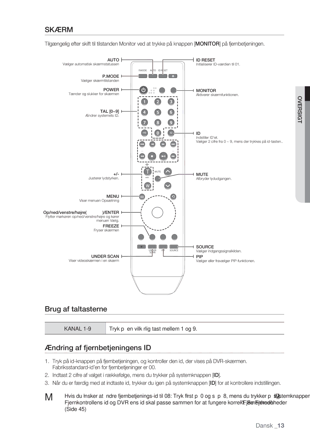 Samsung SHR-8082P, SHR-7162P, SHR-8162P, SHR-7082P Ændring af fjernbetjeningens ID, Tryk på en vilkårlig tast mellem 1 og 