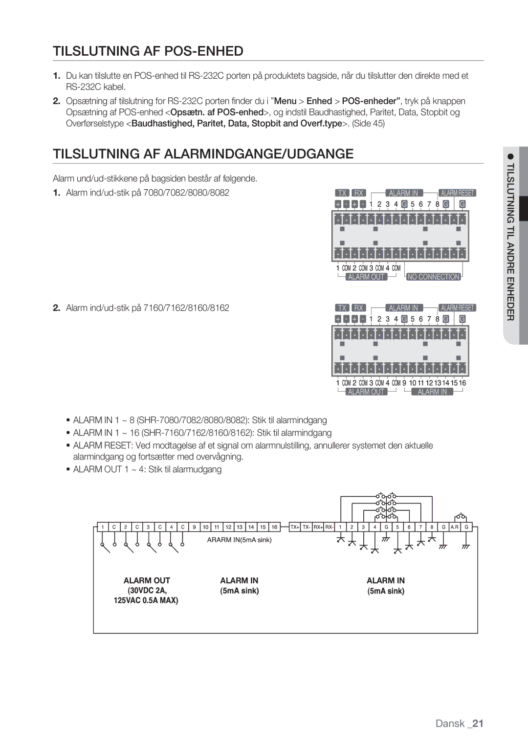 Samsung SHR-8082P manual Tilslutning AF POS-ENHED, Tilslutning AF ALARMINDGANGE/UDGANGE,  Tilslutning TIL Andre Enheder 