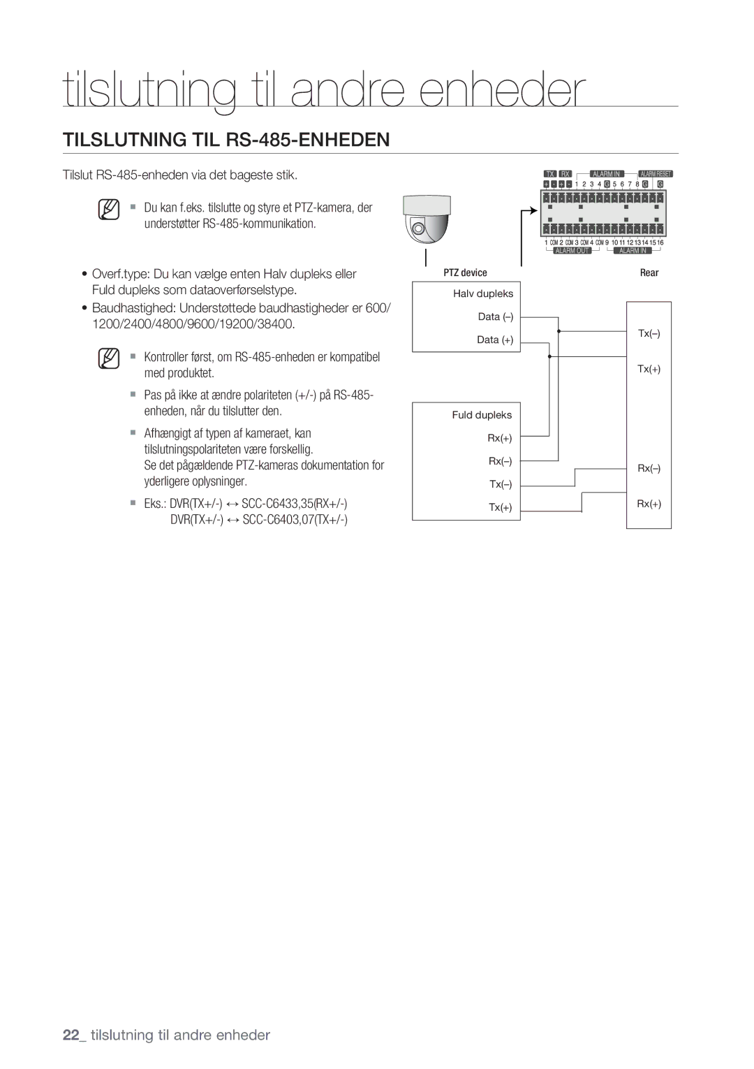 Samsung SHR-8162P, SHR-7162P, SHR-8082P Tilslutning TIL RS-485-ENHEDEN, Tilslut RS-485-enheden via det bageste stik, Dvrtx+ 