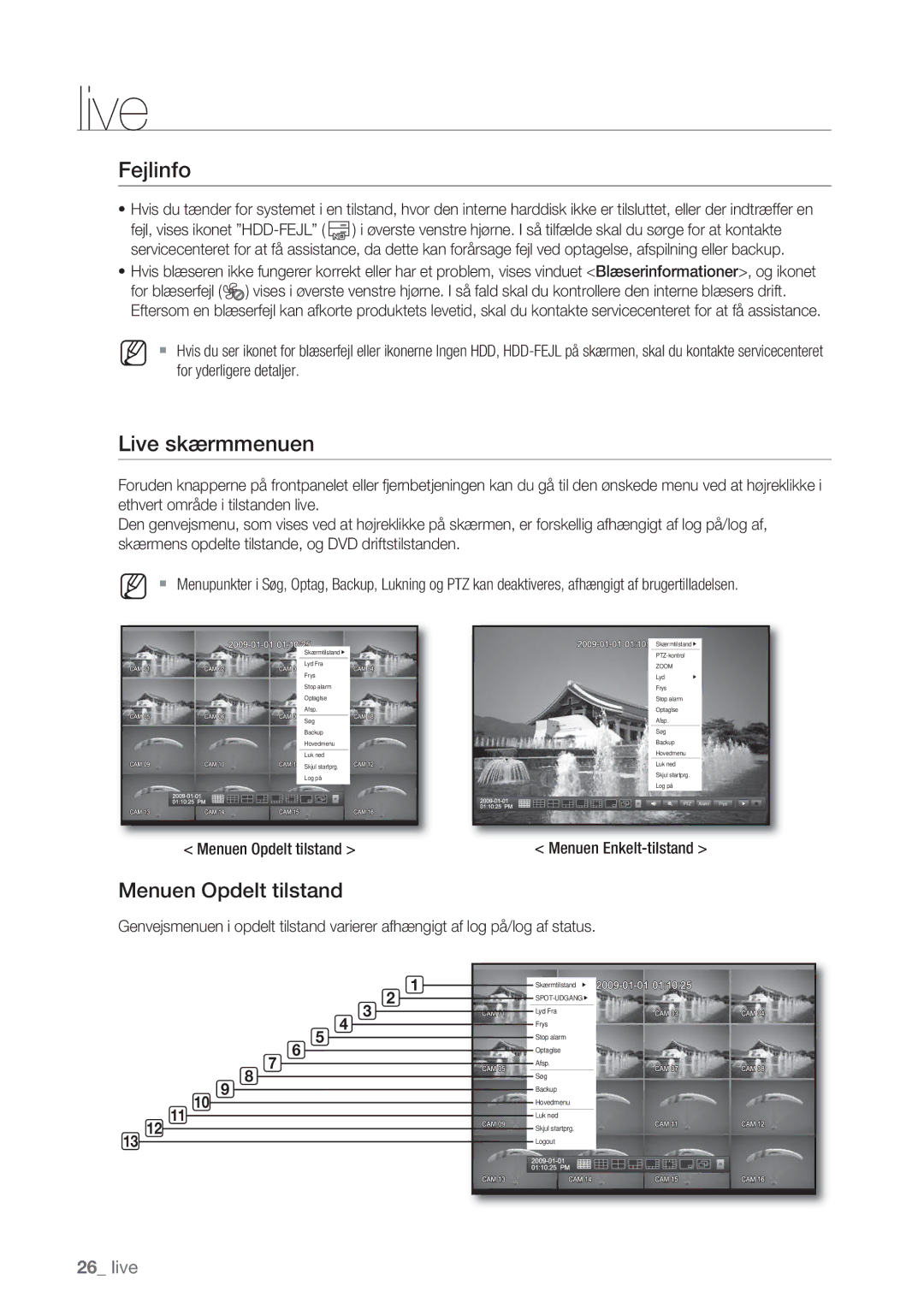 Samsung SHR-8162P, SHR-7162P, SHR-8082P, SHR-7082P manual Fejlinfo, Live skærmmenuen, Menuen Opdelt tilstand 