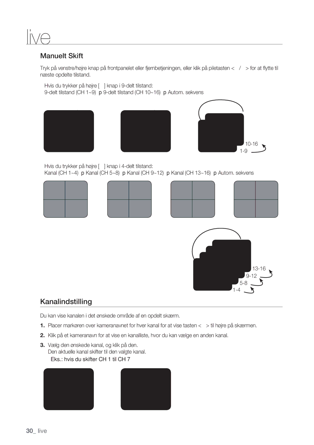 Samsung SHR-8162P, SHR-7162P, SHR-8082P, SHR-7082P manual Kanalindstilling, Manuelt Skift,  Eks. hvis du skifter CH 1 til CH 