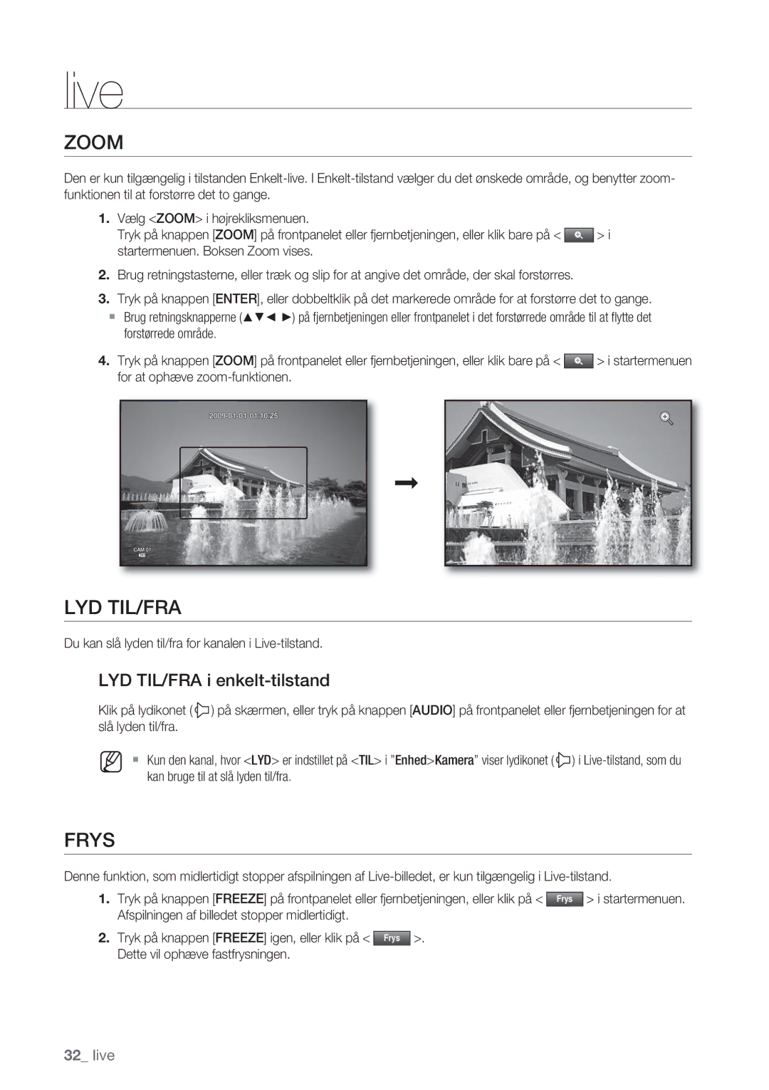 Samsung SHR-7162P, SHR-8082P, SHR-8162P, SHR-7082P manual Zoom, Lyd Til/Fra, Frys, LYD TIL/FRA i enkelt-tilstand 