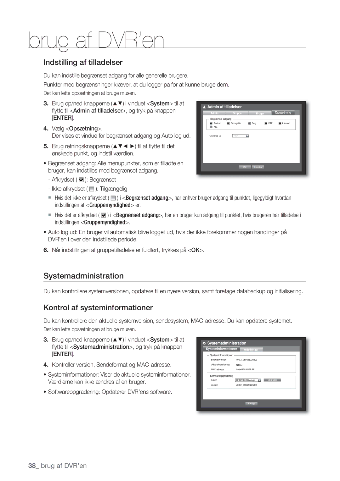 Samsung SHR-8162P, SHR-7162P, SHR-8082P Systemadministration, Indstilling af tilladelser, Kontrol af systeminformationer 