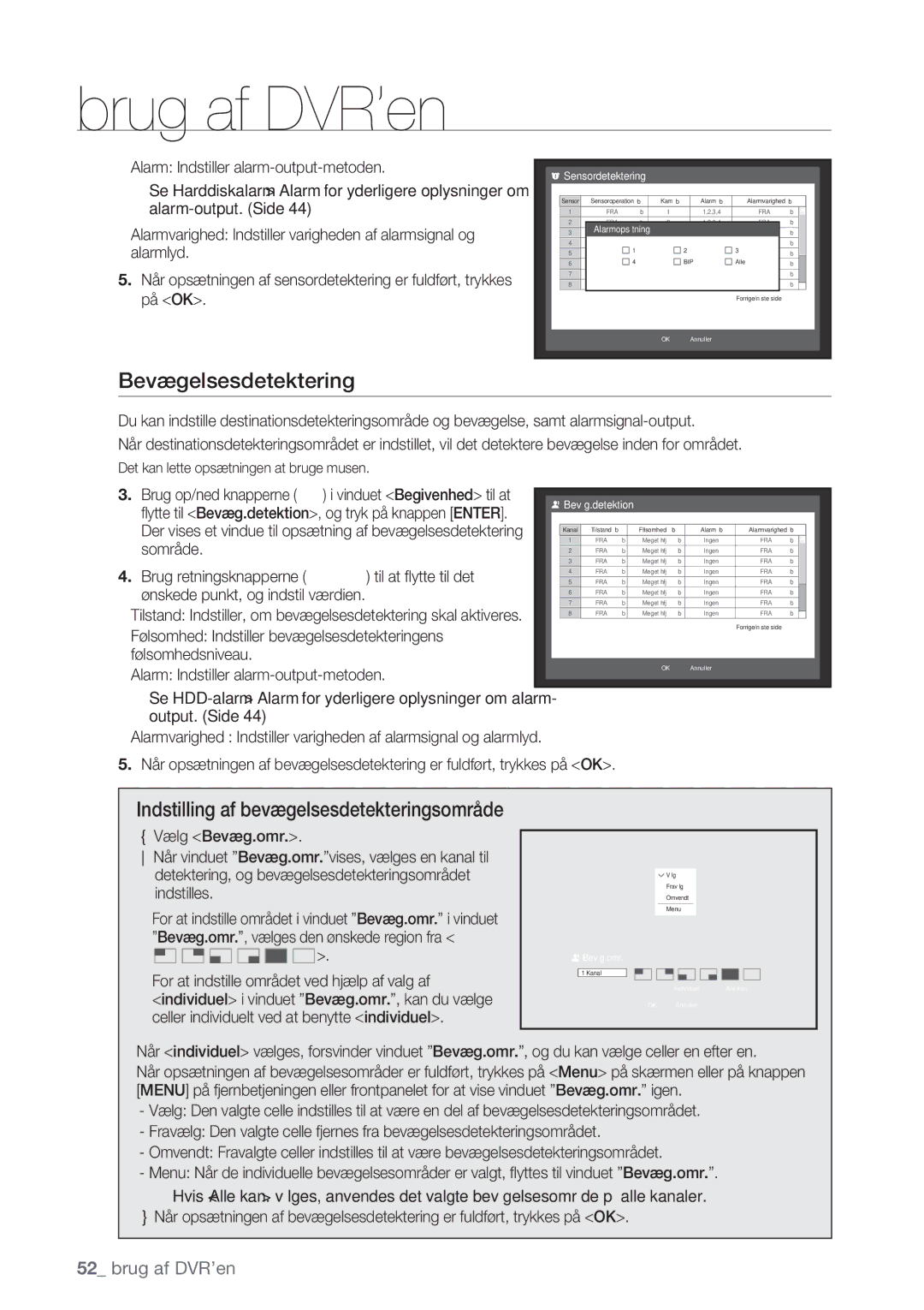 Samsung SHR-7162P, SHR-8082P, SHR-8162P, SHR-7082P manual Bevægelsesdetektering, Indstilling af bevægelsesdetekteringsområde 