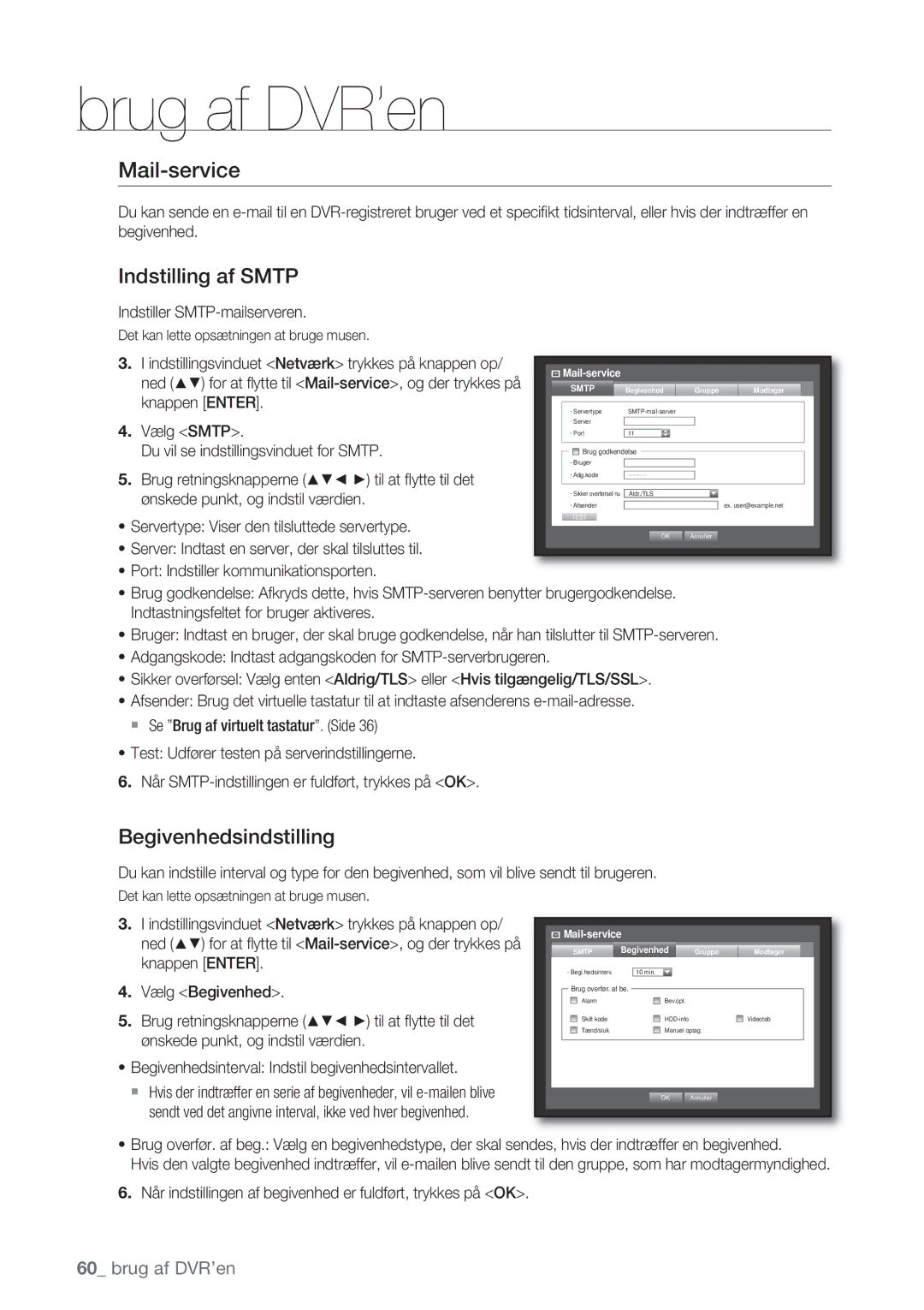 Samsung SHR-7162P, SHR-8082P, SHR-8162P, SHR-7082P manual Mail-service, Indstilling af Smtp, Begivenhedsindstilling 