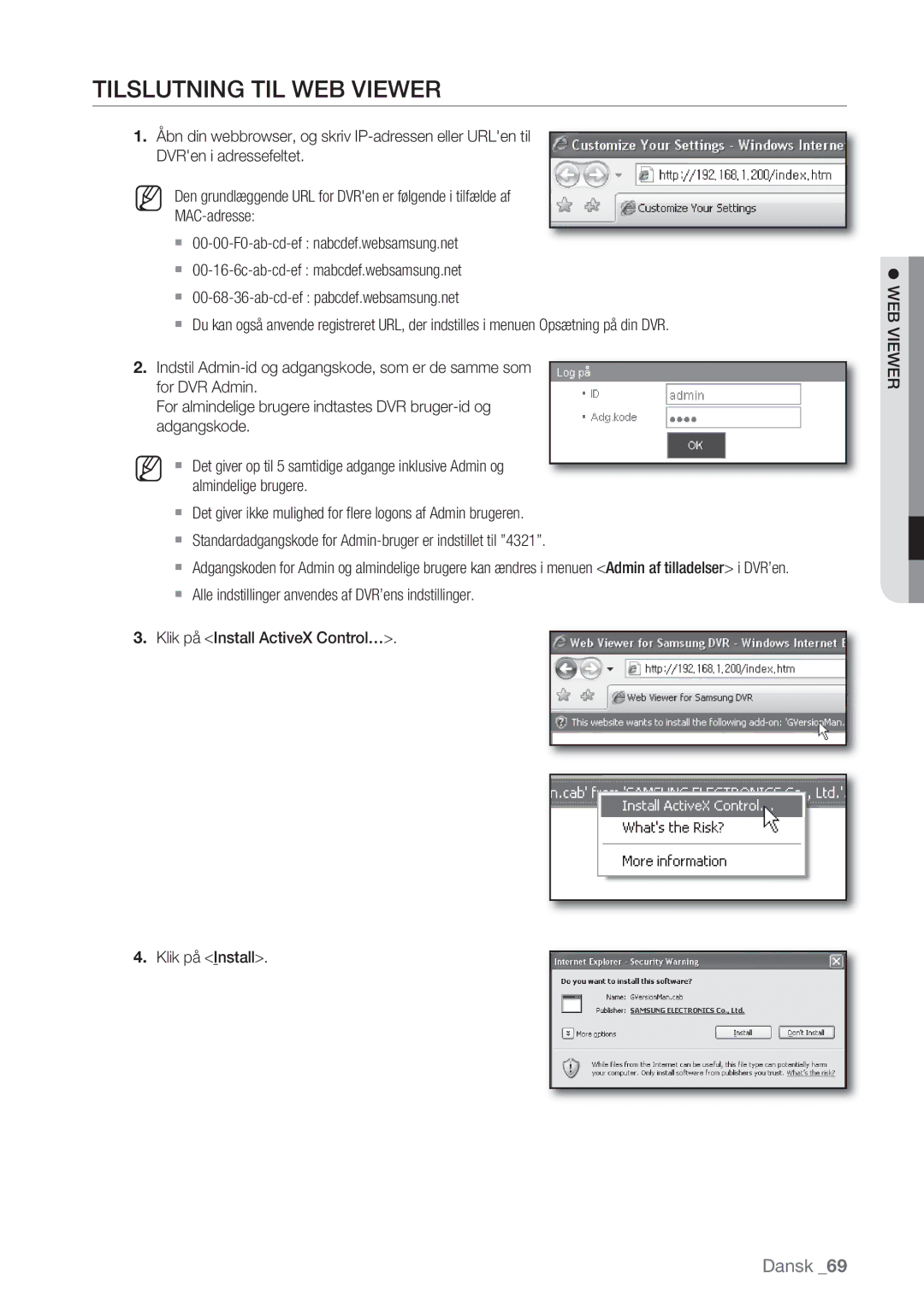 Samsung SHR-8082P, SHR-7162P, SHR-8162P, SHR-7082P manual Tilslutning TIL WEB Viewer,  WEB Viewer 