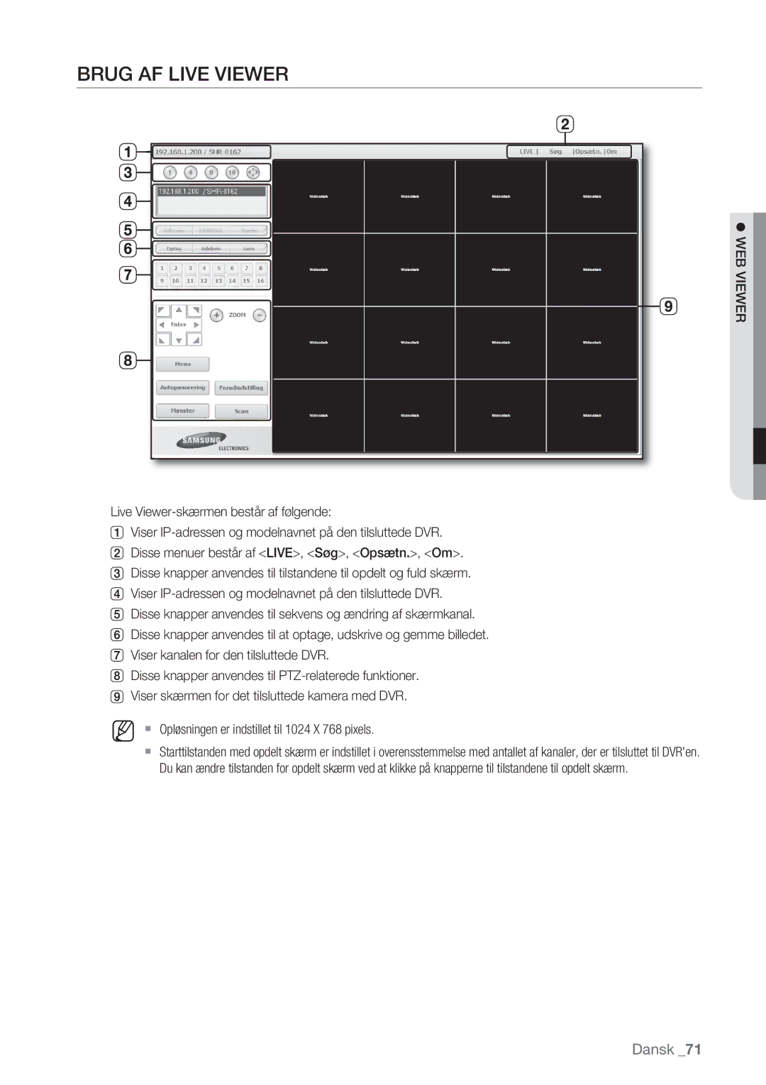 Samsung SHR-7082P, SHR-7162P, SHR-8082P, SHR-8162P manual Brug AF Live Viewer 