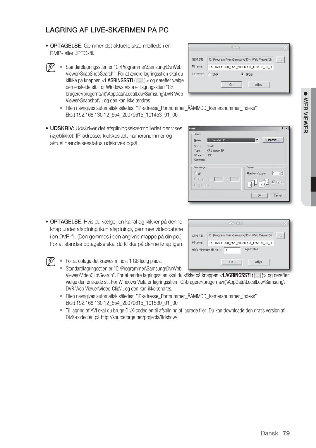 Samsung SHR-7082P, SHR-7162P, SHR-8082P, SHR-8162P manual Lagring AF LIVE-SKÆRMEN PÅ PC 