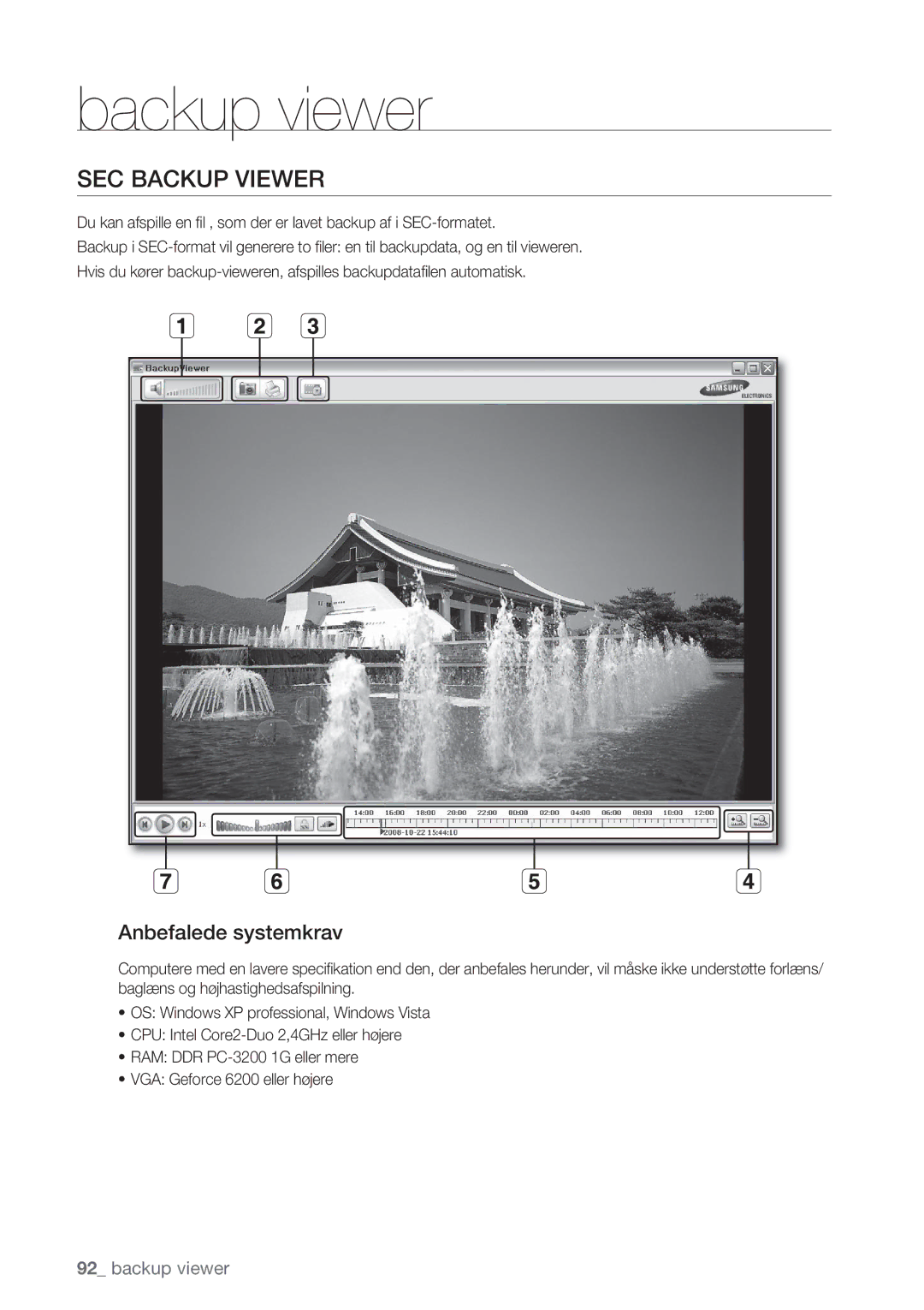 Samsung SHR-7162P, SHR-8082P, SHR-8162P, SHR-7082P manual SEC Backup Viewer, Anbefalede systemkrav 