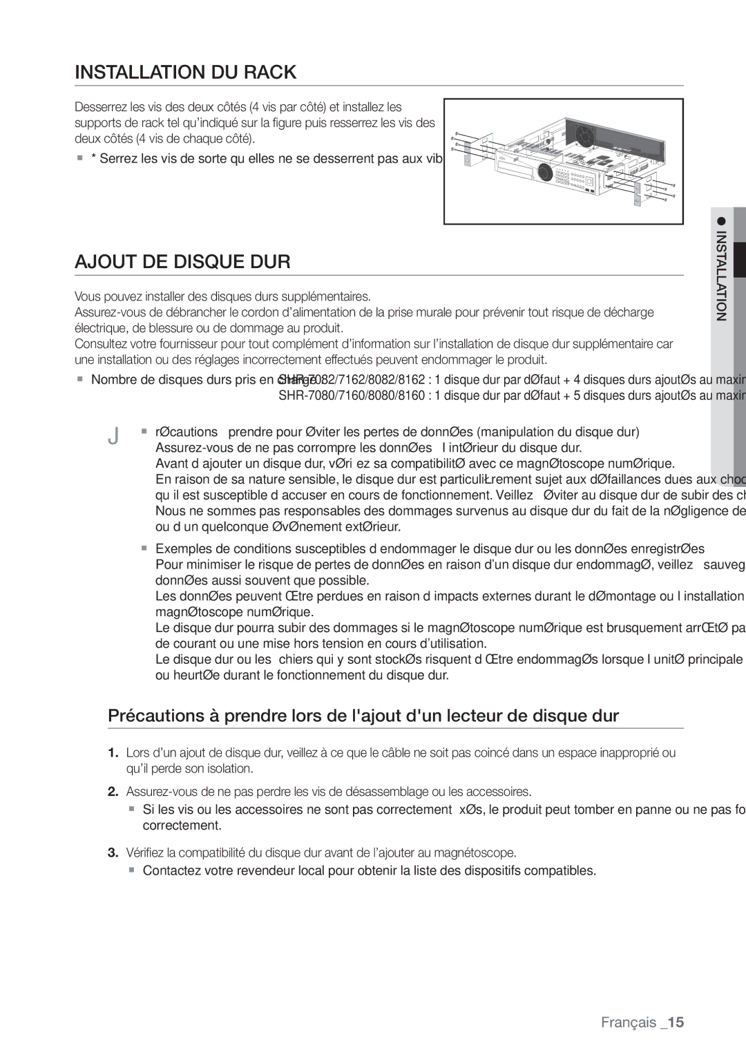 Samsung SHR-8082P, SHR-8162P, SHR-7082P manual Installation DU Rack, Ajout DE Disque DUR,  Installation 