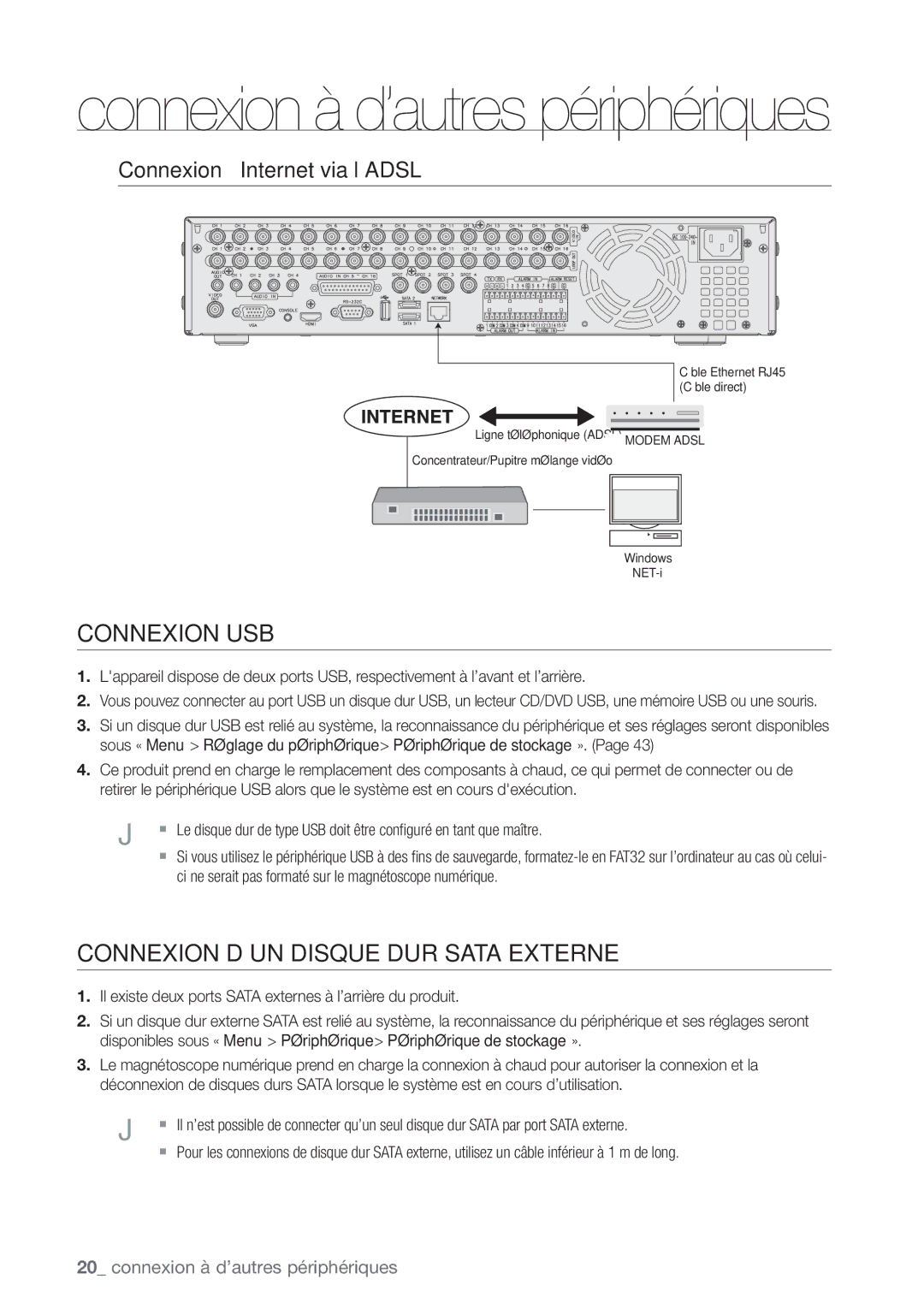 Samsung SHR-7082P, SHR-8082P manual Connexion USB, Connexion D’UN Disque DUR Sata Externe, Connexion à Internet via l’ADSL 